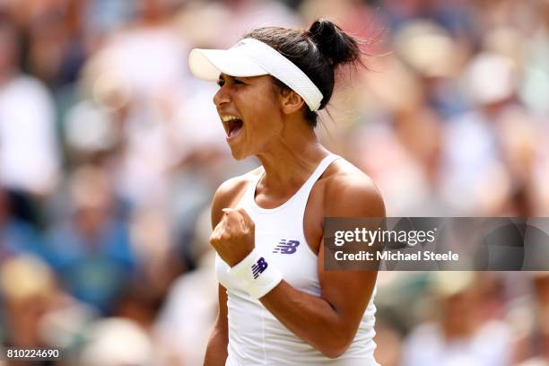 Heather Watson of Great Britain celebrates during the Ladies Singles third round match against Victoria Azarenka of Belarus on day five of the...