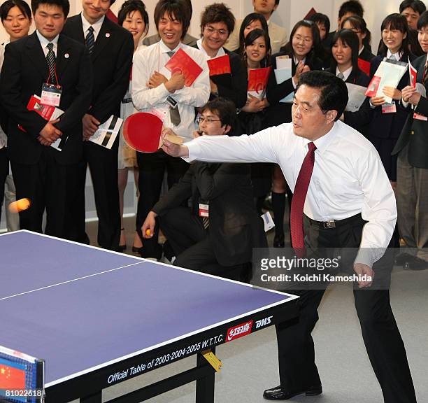 Chinese president Hu Jintao plays table tennis at Waseda University's Okuma Garden House on May 8, 2008 in Tokyo, Japan. Jintao is in Tokyo for a...
