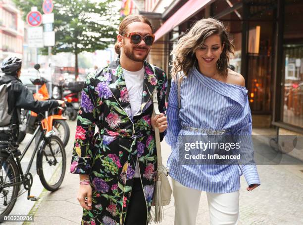 Riccardo Simonetti and Masha Sedgwick seen arriving at the Gala Fashion Brunch Ellington Hotel on July 7, 2017 in Berlin, Germany.