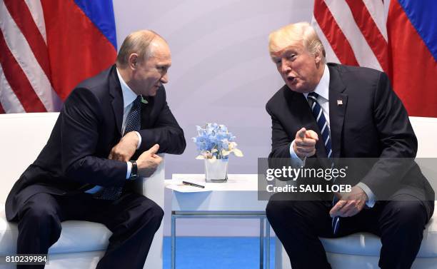 President Donald Trump and Russia's President Vladimir Putin hold a meeting on the sidelines of the G20 Summit in Hamburg, Germany, on July 7, 2017.