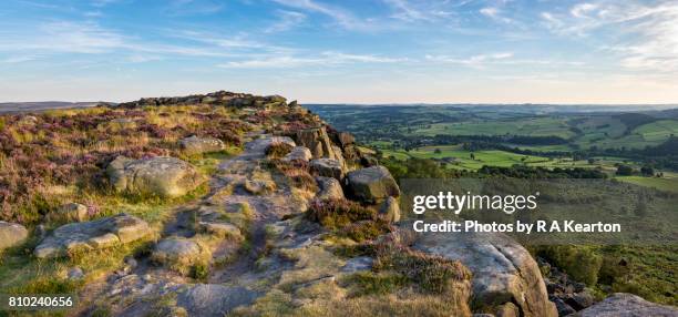 baslow edge in summer, peak district national park, derbyshire - baslow stock pictures, royalty-free photos & images