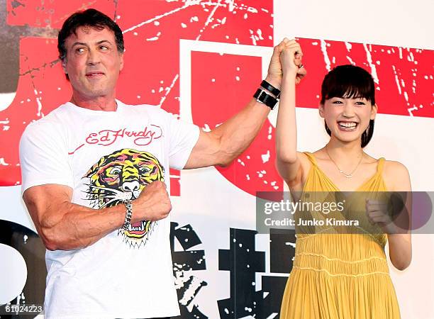 Actor Sylvester Stallone and Japanese actress Haruka Ayase attend the "Rambo" Japan Premiere at Roppongi Hills on May 8, 2008 in Tokyo, Japan. The...