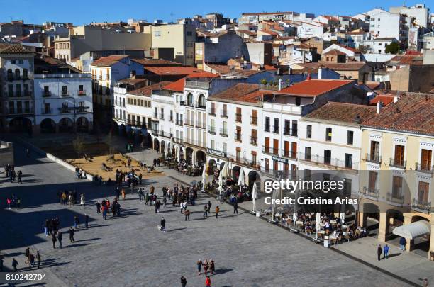 Partial view of the Plaza Mayor with part of the city to the fund, from the Torre de Bujaco, old monumental city of Caceres, Unesco World Heritage...