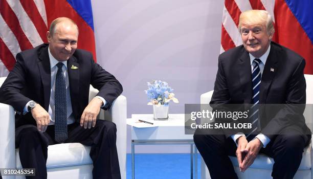 President Donald Trump and Russia's President Vladimir Putin hold a meeting on the sidelines of the G20 Summit in Hamburg, Germany, on July 7, 2017.