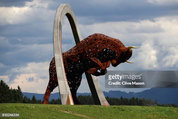 General view of the Red Bull statue at the home race of Red Bull Racing during practice for the Formula One Grand Prix of Austria at Red Bull Ring on...