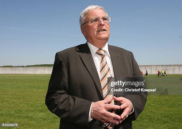 Theo Zwanziger, president of the German Football Association talks to the media during the youth inmate football program of the German Football...