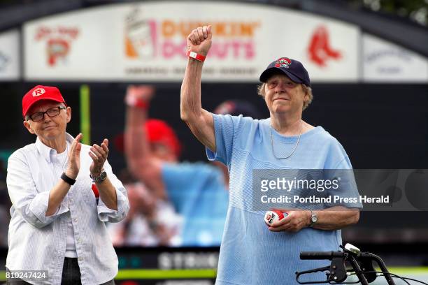 Maxine Simmons of Camden, waves to the crowd on Thursday at Hadlock Field before throwing out the ceremonial first pitch at a Sea Dogs game. In 1954,...