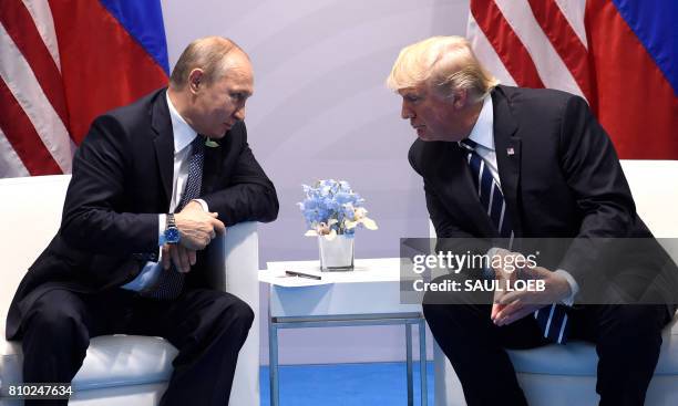 President Donald Trump and Russia's President Vladimir Putin hold a meeting on the sidelines of the G20 Summit in Hamburg, Germany, on July 7, 2017.