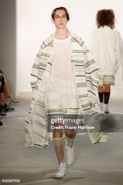 Model walks the runway at the Odeur show during the Mercedes-Benz Fashion Week Berlin Spring/Summer 2018 at Kaufhaus Jandorf on July 7, 2017 in...