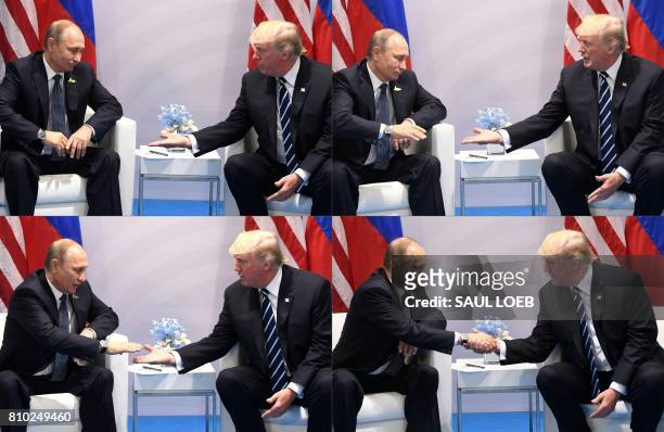 This combination of pictures created on July 7, 2017 shows US President Donald Trump and Russia's President Vladimir Putin shaking hands during a...