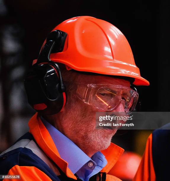 Labour Party leader Jeremy Corbyn visits the British Steel manufacturing site to tour the facility and meet staff on July 7, 2017 in Skinningrove,...