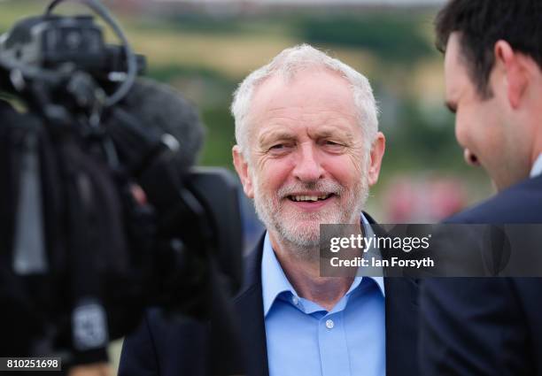 Labour Party leader Jeremy Corbyn conducts a media interview as he visits the British Steel manufacturing site to tour the facility and meet staff on...