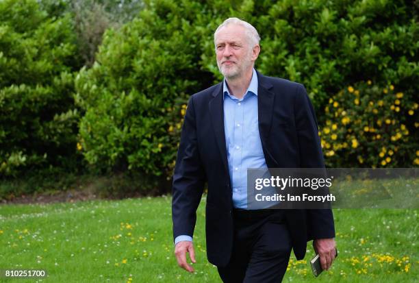 Labour Party leader Jeremy Corbyn visits the British Steel manufacturing site to tour the facility and meet staff on July 7, 2017 in Skinningrove,...