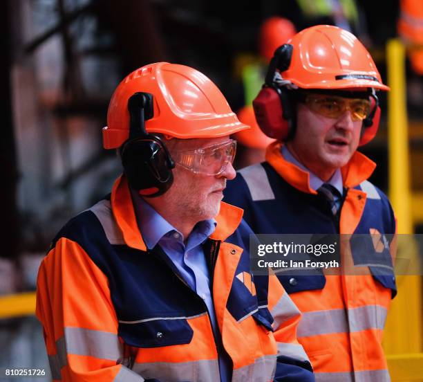 Labour Party leader Jeremy Corbyn visits the British Steel manufacturing site to tour the facility and meet staff on July 7, 2017 in Skinningrove,...