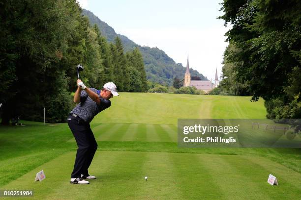 Greg Turner of New Zealand in action during the first round of the Swiss Seniors Open played at Golf Club Bad Ragaz on July 7, 2017 in Bad Ragaz,...