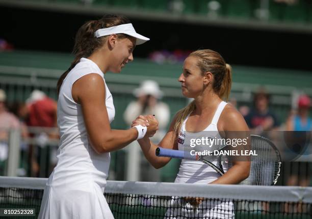 Croatia's Ana Konjuh shakes hands with Slovakia's Dominika Cibulkova after Konjuh won their women's singles third round match on the fifth day of the...