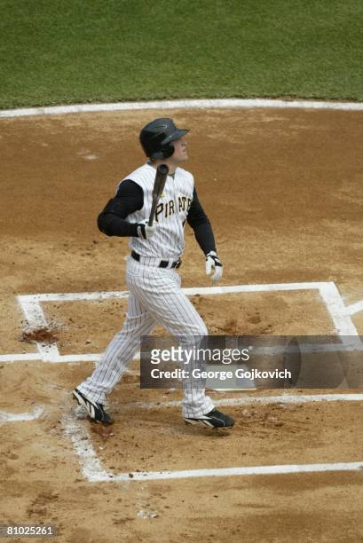 Outfielder Nate McLouth of the Pittsburgh Pirates looks up after hitting a home run against the Philadelphia Phillies at PNC Park on April 27, 2008...