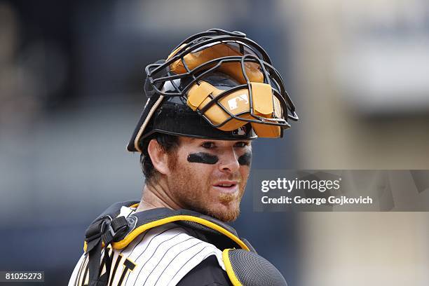 Catcher Ryan Doumit of the Pittsburgh Pirates looks on from the field during a game against the Philadelphia Phillies at PNC Park on April 27, 2008...