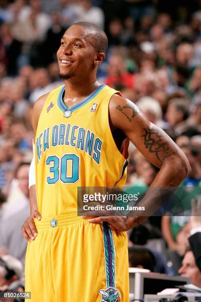 David West of the New Orleans Hornets smiles during the game against the Dallas Mavericks on April 16, 2008 at American Airlines Center in Dallas,...