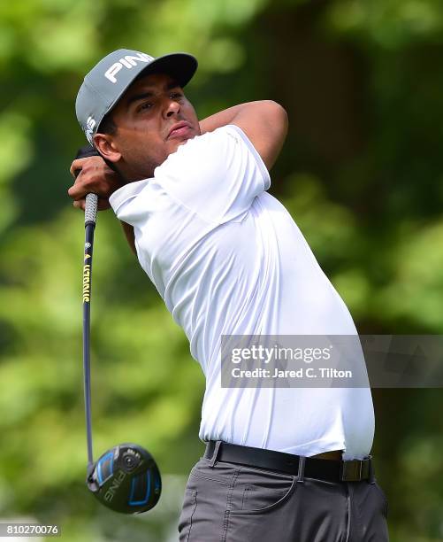 Sebastian Munoz of Colombia tees off the 16th hole during round two of The Greenbrier Classic held at the Old White TPC on July 7, 2017 in White...