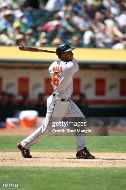 Melvin Mora of the Baltimore Orioles bats during the game against the Oakland Athletics at the McAfee Coliseum in Oakland, California on May 7, 2008....