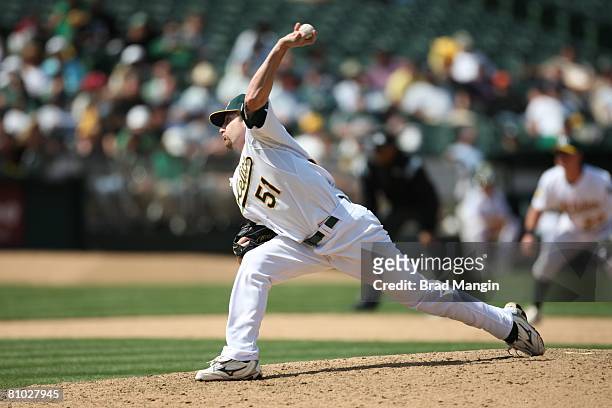 Dallas Braden of the Oakland Athletics pitches during the game against the Baltimore Orioles at the McAfee Coliseum in Oakland, California on May 7,...