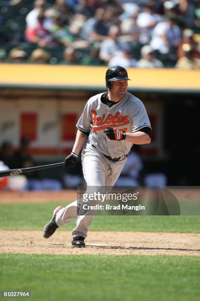 Aubrey Huff of the Baltimore Orioles bats during the game against the Oakland Athletics at the McAfee Coliseum in Oakland, California on May 7, 2008....