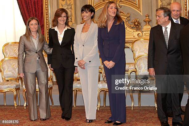 Newly appointed ministers Giorgia Meloni , Maria Stella Gelmini , Mara Carfagna and Stefania Prestigiacomo attend the swearing in ceremony for the...