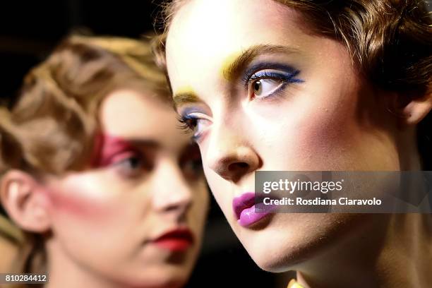 Models are seen backstage ahead of the Raquel Hladky show during the Mercedes-Benz Fashion Week Berlin Spring/Summer 2018 at Kaufhaus Jandorf on July...