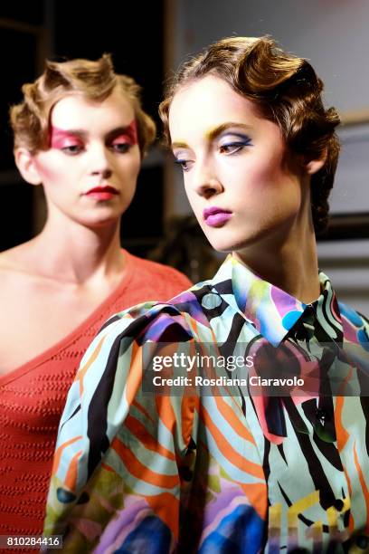 Models are seen backstage ahead of the Raquel Hladky show during the Mercedes-Benz Fashion Week Berlin Spring/Summer 2018 at Kaufhaus Jandorf on July...