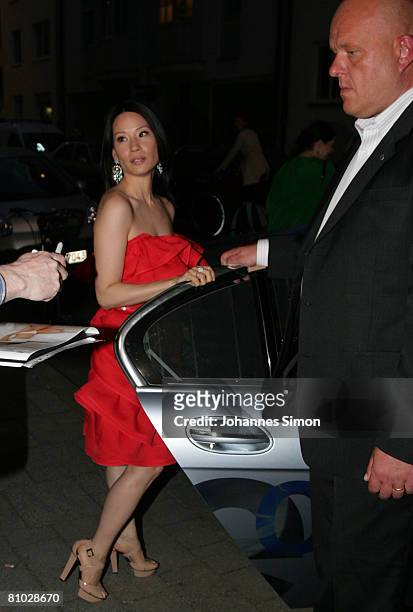 Actress Lucy Liu leaves Six Friedrich gallery on May 8, 2008 in Munich, Germany. Lucy Liu shows oil painting at Six Friedrich gallery for modern art.
