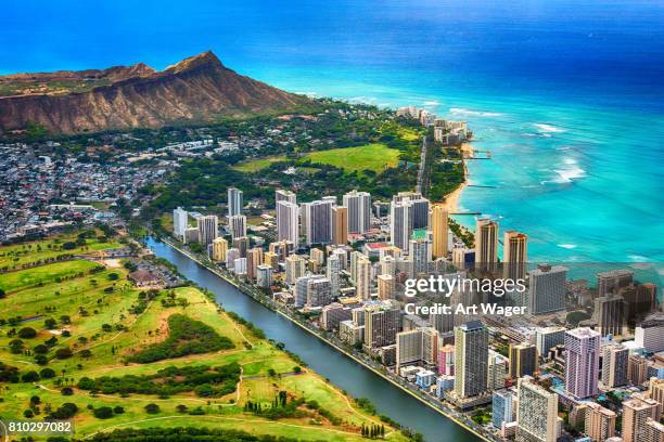 waikiki and diamond head aerial - honolulu beach stock pictures, royalty-free photos & images