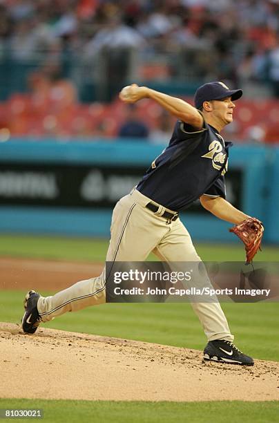 Jake Peavy of the San Diego Padres pitches during the MLB game against the Florida Marlins at Dolphin Stadium on May 3, 2008 in Miami, Florida.