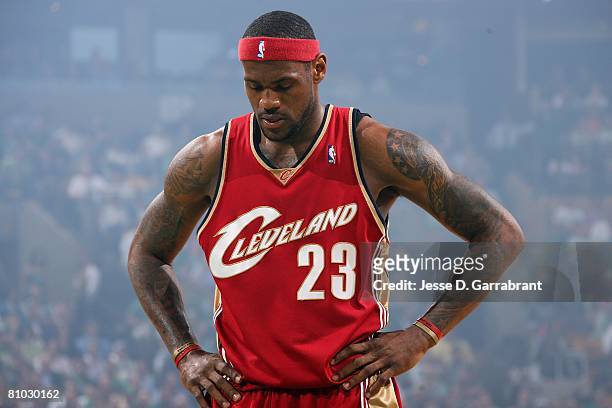 LeBron James of the Cleveland Cavaliers looks down in Game One of the Eastern Conference Semifinals against the Boston Celtics during the 2008 NBA...