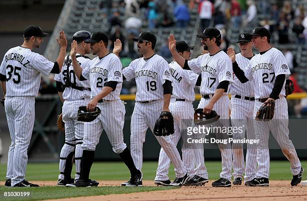 The Colorado Rockies celebrate their 9-3 victory over the St. Louis Cardinals at Coors Field on May 8, 2008 in Denver, Colorado.