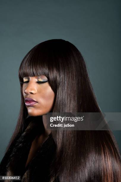 beauty portrait of a young african american woman, eyes close - straight hair stock pictures, royalty-free photos & images