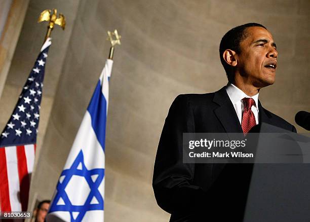 Democratic presidential hopeful Sen. Barack Obama speaks at an event to honor the 60th anniversary of Israel's independence May 8, 2008 in Washington...