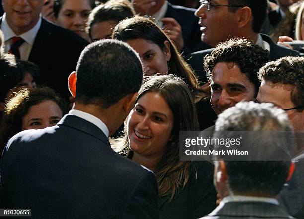 Avital Ingber smiles as she meets Democratic presidential hopeful Sen. Barack Obama after he spoke at an event to honor the 60th anniversary of...