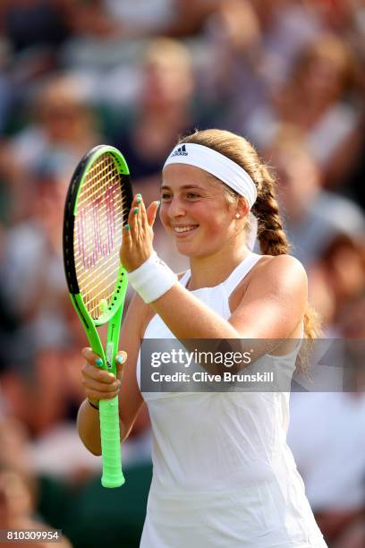 Jelena Ostapenko of Latvia celebrates during the Ladies Singles third round match against Camila Giorgi of Italy on day five of the Wimbledon Lawn...