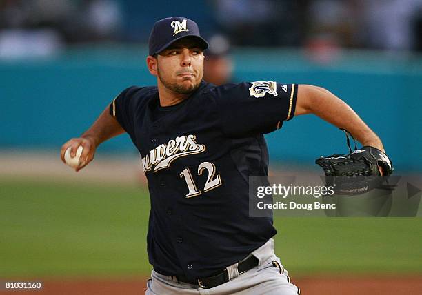 Starting pitcher Carlos Villanueva of the Florida Marlins throws against the Milwaukee Brewers at Dolphin Stadium on May 8, 2008 in Miami, Florida.