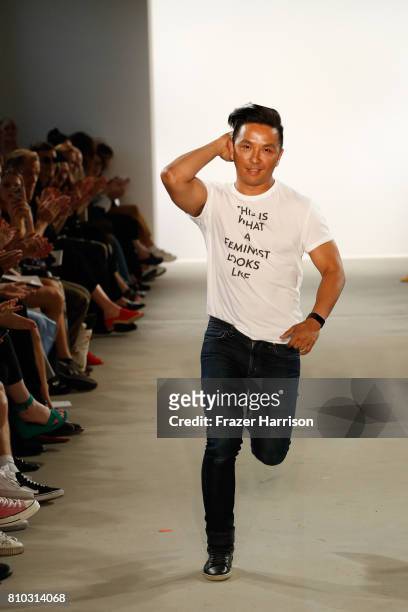 Designer Prabal Gurung acknowledges the applause of the audience at the Prabal Gurung show during the Mercedes-Benz Fashion Week Berlin Spring/Summer...