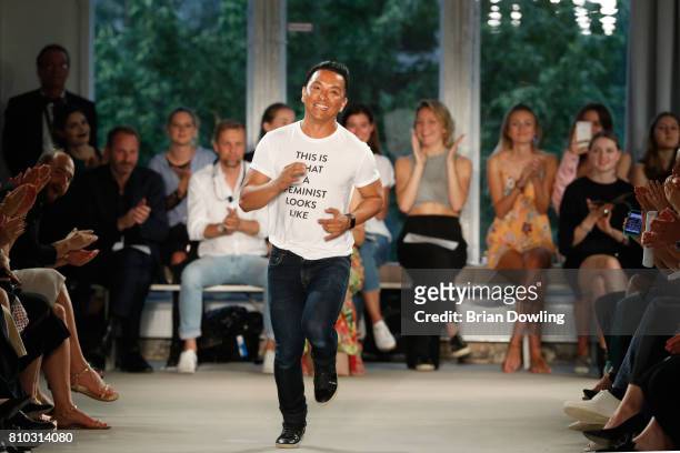 Designer Prabal Gurung acknowledges the applause of the audience at the Prabal Gurung show during the Mercedes-Benz Fashion Week Berlin Spring/Summer...