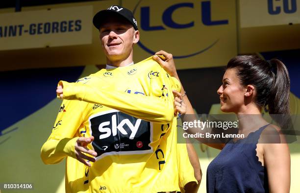 Chris Froome of Great Britain and Team Sky in the yellow jersey on stage seven of the 2017 Le Tour de France, a 213km road stage from Troyes to...
