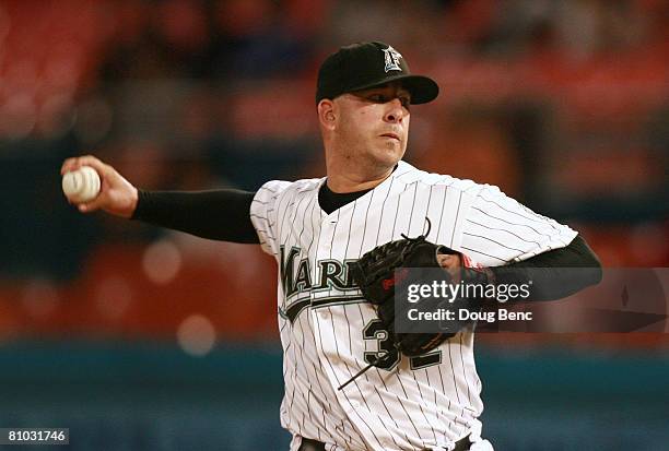 Justin Miller of the Florida Marlins pitches against the Milwaukee Brewers at Dolphin Stadium on May 8, 2008 in Miami, Florida. The Marlins defeated...