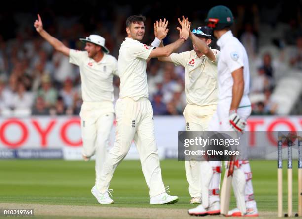 James Anderson of England celebrates taking the wicket of Theunis de Bruyn of South Africa on day two of the 1st Investec Test match between England...