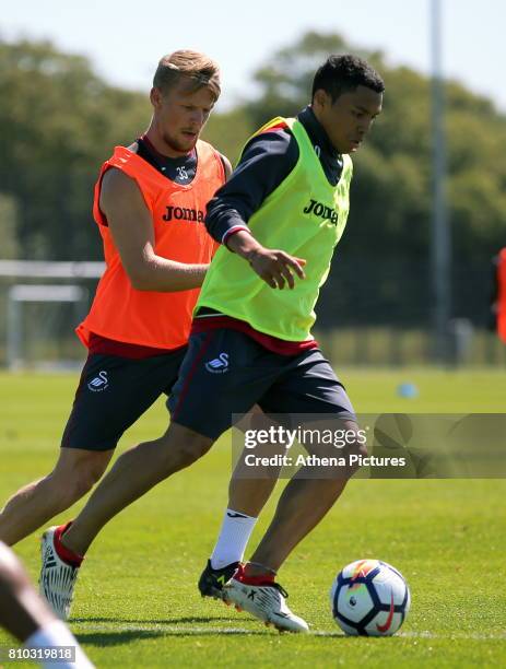 Stephen Kingsley and Jefferson Montero in action during the Swansea City Training at The Fairwood Training Ground on July 5, 2017 in Swansea, Wales.