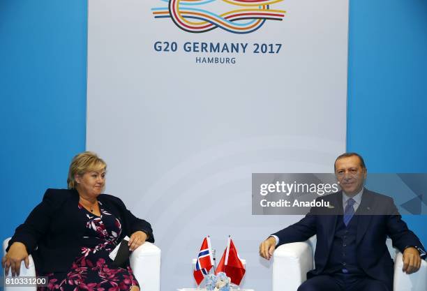 President of Turkey Recep Tayyip Erdogan and Norwegian Prime Minister Erna Solberg hold a meeting within the G20 Leaders' Summit in Hamburg, Germany...