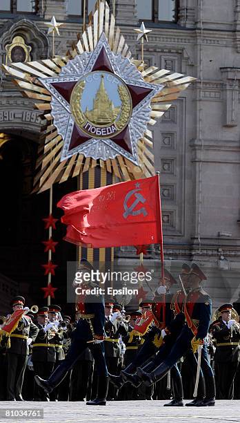 Soldiers goose-step during the annual Victory Day military parade at Red Square on May 09, 2008 in Moscow, Russia. Over 26 million Soviet soldiers...