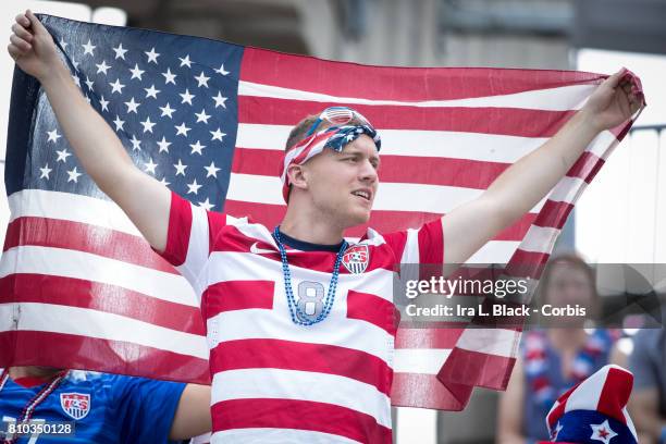 Fan of the U.S. Men's National Team shows his support with the American Flag during the International Friendly Match between U.S, Men's National Team...