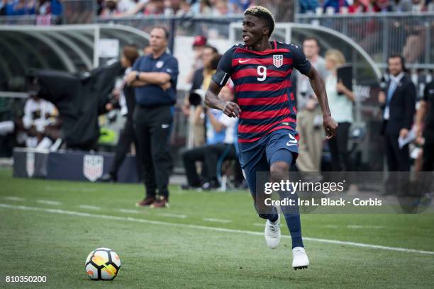 Gyasi Zardes of U.S. Mens National Team rounds the pitch to look for the open man during the International Friendly Match between U.S, Men's National...